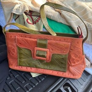 Lll leaders in leather beautiful hand tooled rust and brown leather handbag